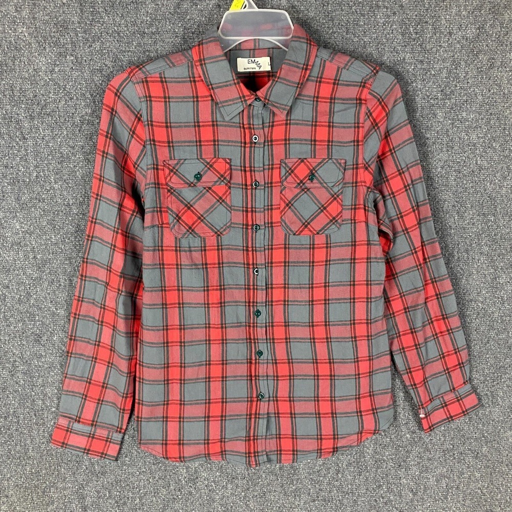 Emma Flannel Women's Large Plaid‎ Gray Red 100% Cotton Adults L